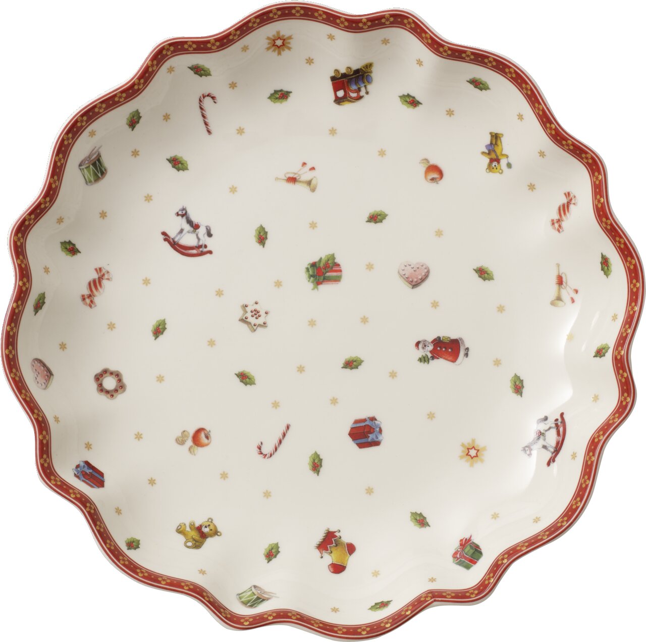 Große, runde Schale mit einem Durchmesser von 25 cm, verziert mit weihnachtlichen Motiven wie Geschenken, Teddybären und Zuckerstangen. Die Schale hat einen gewellten Rand mit rotem Muster. Ansicht von oben.