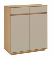 Moderner Schuhschrank aus Holz mit zwei Schubladen und zwei Türen, seitliche Perspektive