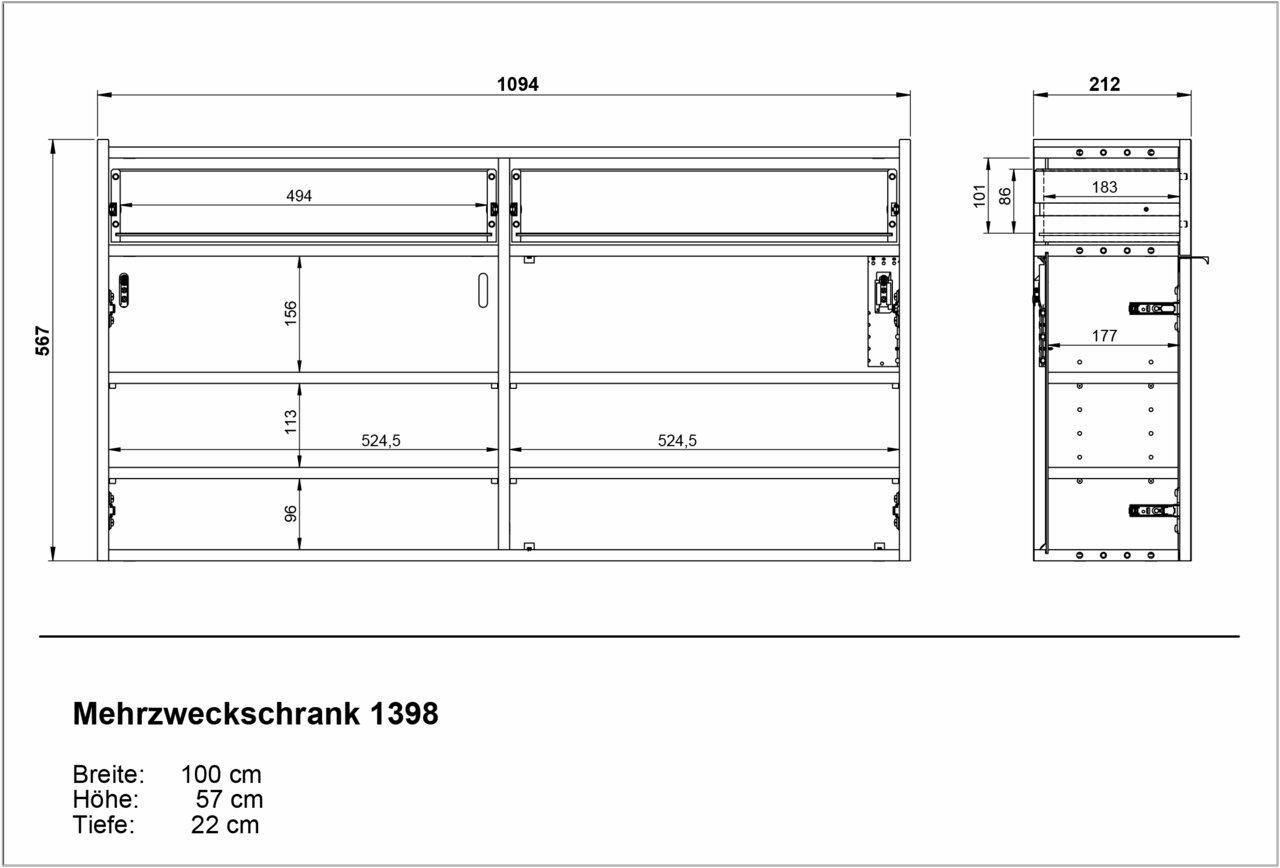 Technische Zeichnung eines Mehrzweckschranks mit den Maßen 100 cm Breite, 57 cm Höhe und 22 cm Tiefe, Vorder- und Seitenansicht.
