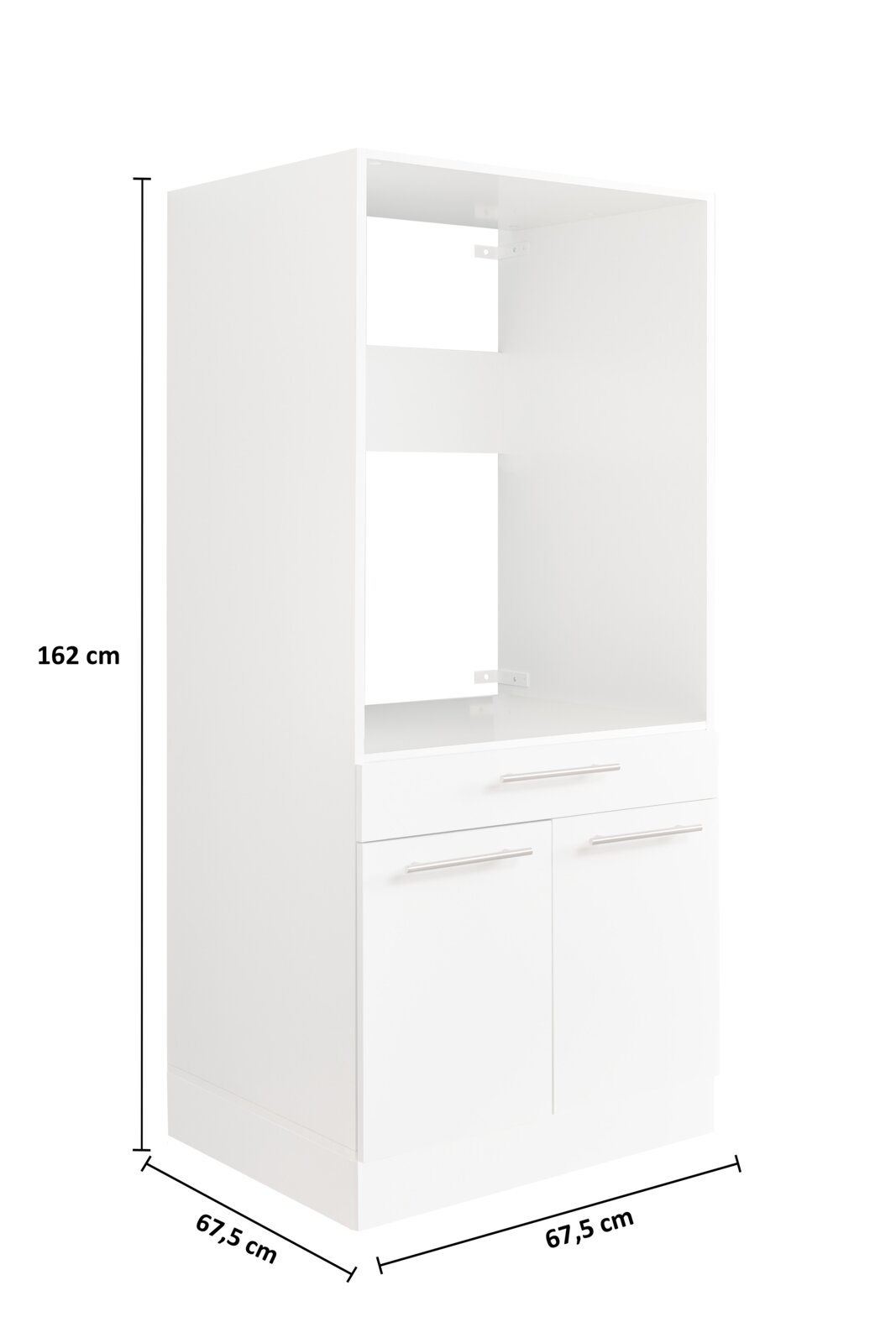 Weißer Geräteschrank mit zwei Türen und einer Schublade, seitliche Perspektive, Maße 162 cm Höhe und 67,5 cm Breite.