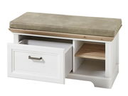 Garderobenbank mit beigem Sitzpolster, offener Schublade und Regalfächern, Perspektive von vorne