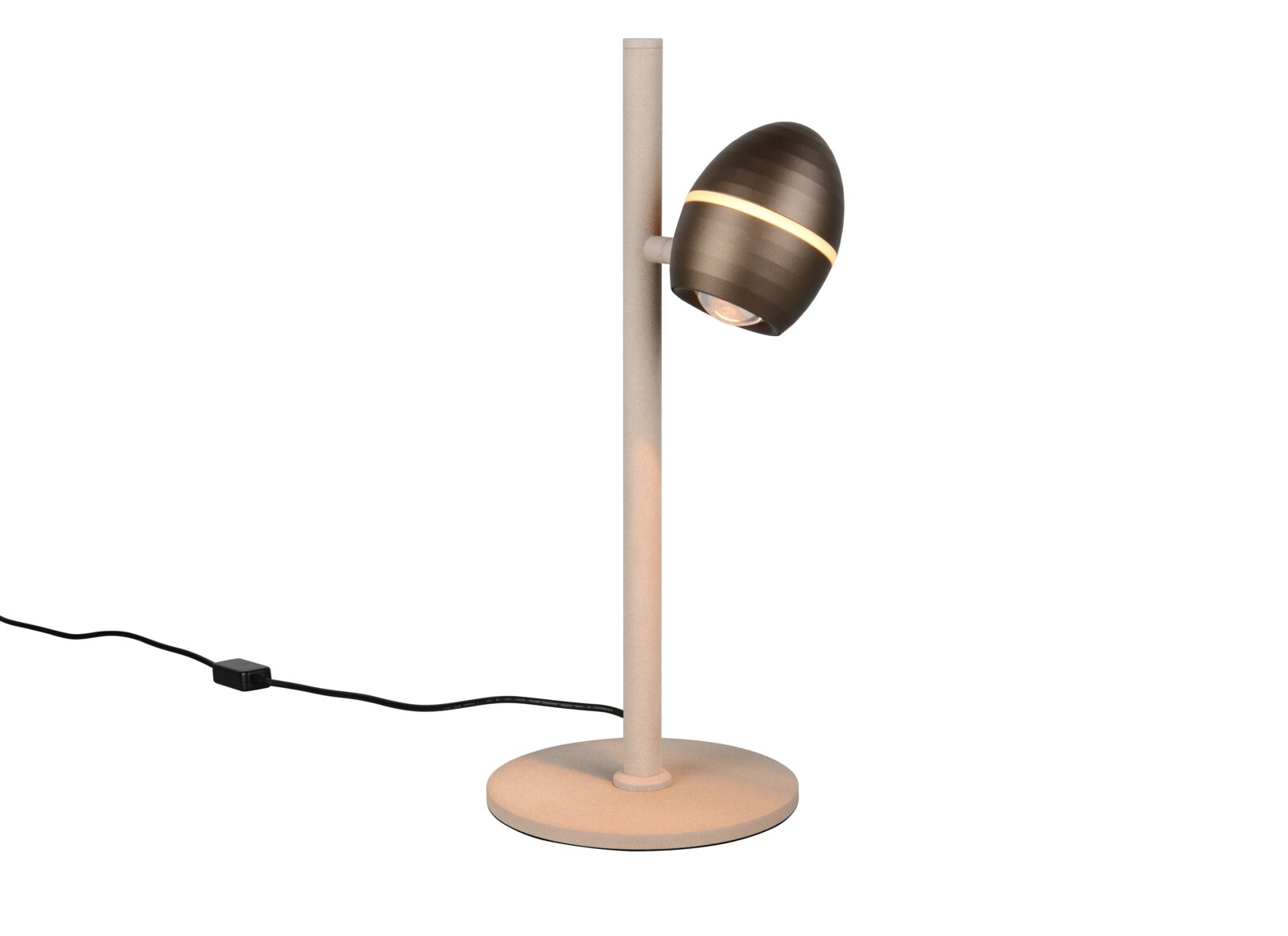 TRIO SELECT LED-tafellamp BEDFORD Moderne tafellamp met ronde voet en slanke staander, voorzien van een verstelbare zwarte spotkop met lichtgevende ring en snoer met schakelaar, getoond in zijaanzicht op witte achtergrond