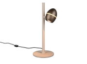 Moderne Tischleuchte mit rundem Standfuß und schlankem Stab in Beige, seitlich montiertem schwarzem, ovalem Lampenkopf mit Lichtband und sichtbarem Kabelschalter, freigestellt vor weißem Hintergrund, Perspektive: frontale Seitenansicht