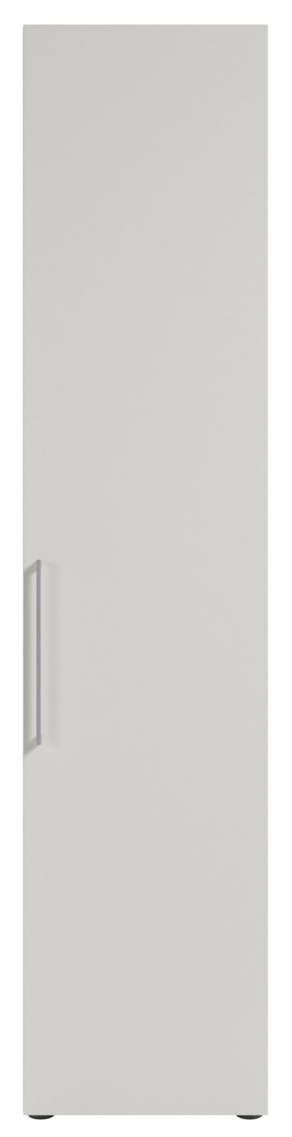 Hoher Aktenschrank in weißer Farbe, Frontalansicht mit Griff auf der linken Seite.