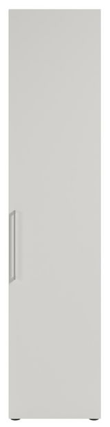 Hoher Aktenschrank in weißer Farbe, Frontalansicht mit Griff auf der linken Seite.