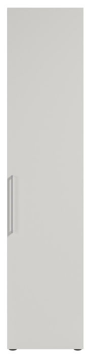 Hoher Aktenschrank in weißer Farbe, Frontalansicht mit Griff auf der linken Seite.