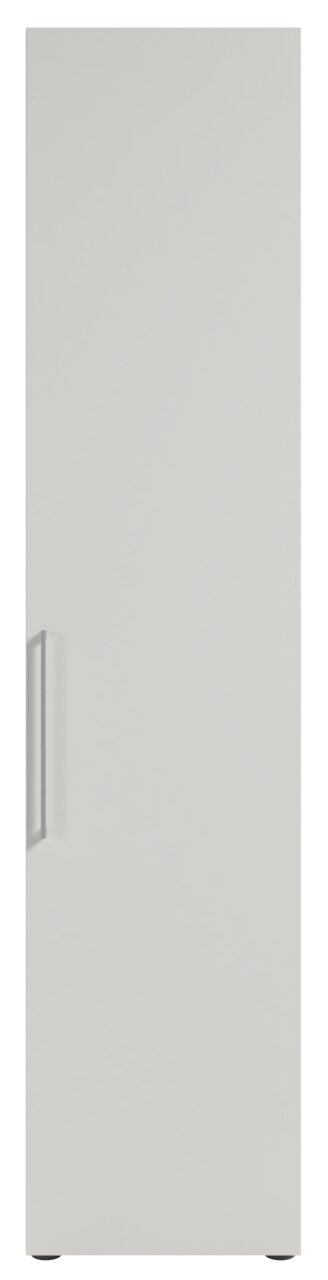 Hoher Aktenschrank in weißer Farbe, Frontalansicht mit Griff auf der linken Seite.