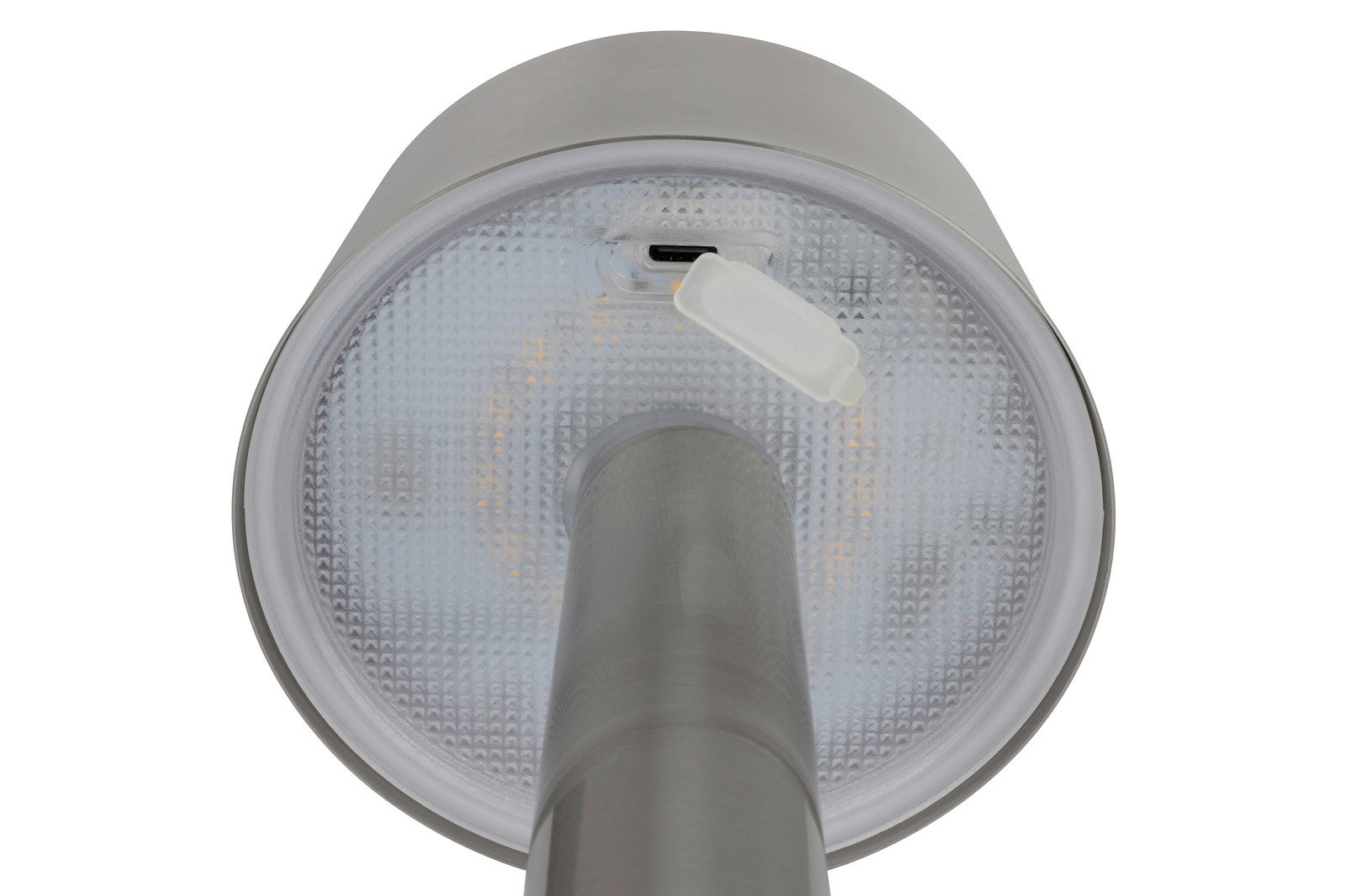 Unteransicht einer Akku-Tischleuchte mit USB-Ladeanschluss.