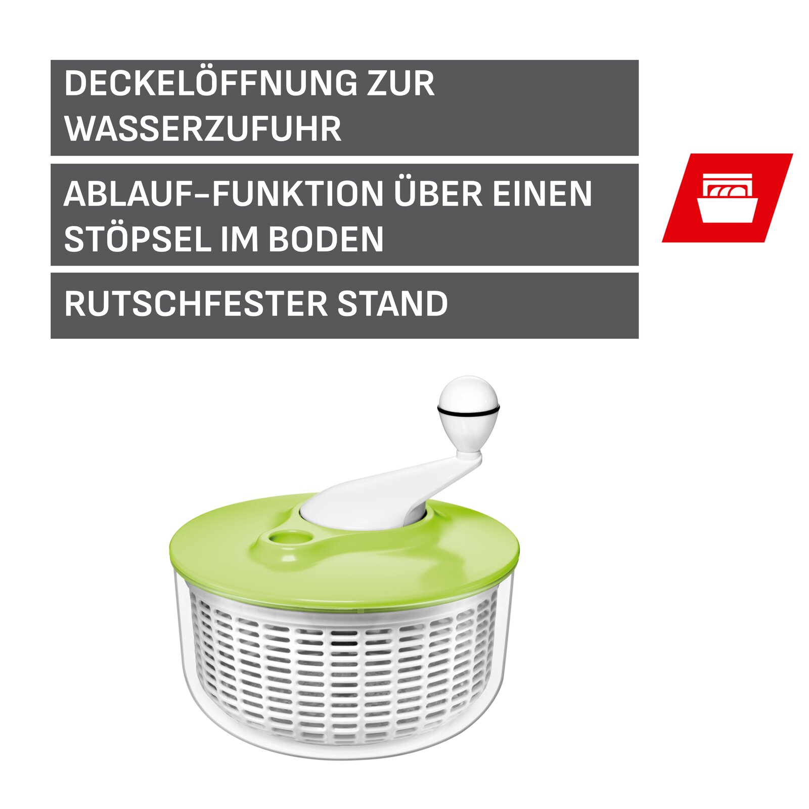 Grün-weiße Salatschleuder mit transparenter Schüssel und Siebeinsatz, Deckel mit Wasserzufuhröffnung und Ablaufstopfen; Produktansicht schräg von oben auf weißem Hintergrund.