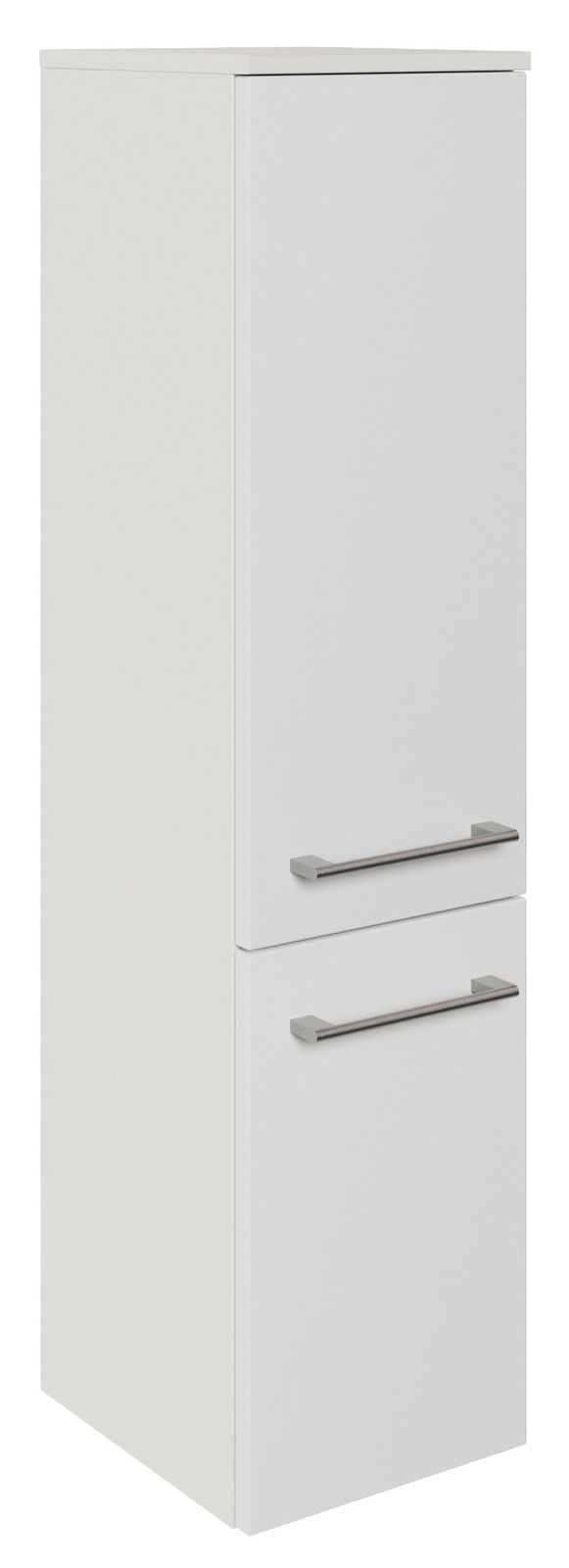 Weißer Midischrank mit zwei Türen und silbernen Griffen, seitliche Perspektive