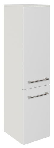 Weißer Midischrank mit zwei Türen und silbernen Griffen, seitliche Perspektive