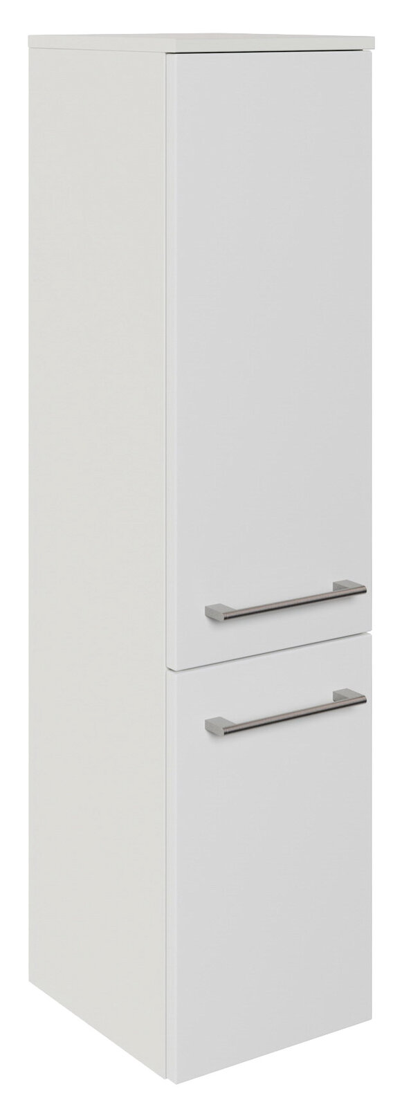 Sadena Midischrank PLAKA Weißer Midischrank mit zwei Türen und silbernen Griffen, seitliche Perspektive