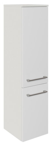 Weißer Midischrank mit zwei Türen und silbernen Griffen, seitliche Perspektive