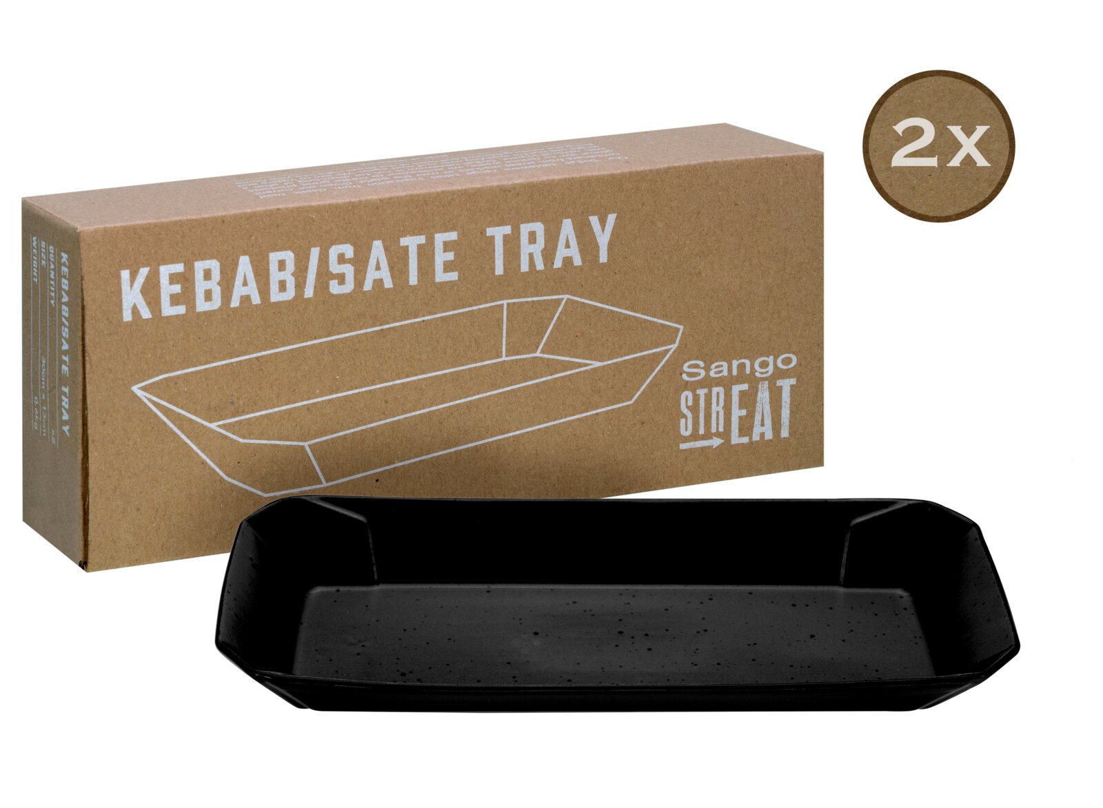Creatable Tray Kebab 2-tlg STREET FOOD Schwarzes Kebab/Sate-Serviertablett vor brauner Verpackung mit Aufdruck „KEBAB/SATE TRAY“ und „sango STREAT“, 2er-Set, perspektivische Frontansicht leicht von oben.