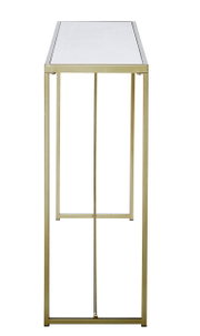 Moderner Konsolentisch mit goldfarbenem Metallrahmen und weißer Tischplatte, Seitenansicht.