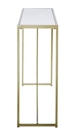 Moderner Konsolentisch mit goldfarbenem Metallrahmen und weißer Tischplatte, Seitenansicht.
