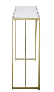 Moderner Konsolentisch mit goldfarbenem Metallrahmen und weißer Tischplatte, Seitenansicht.