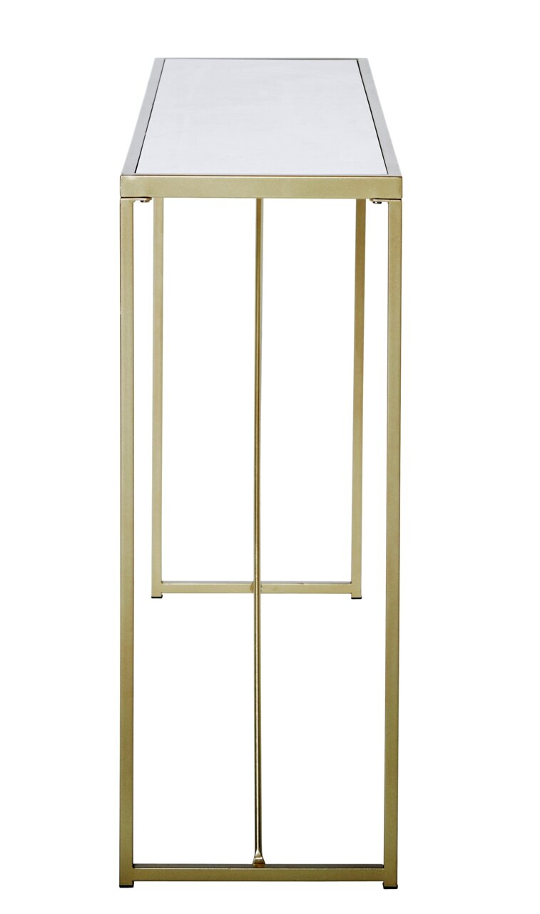 Moderne consoletafel met goudkleurig metalen frame en wit tafelblad, zijaanzicht.