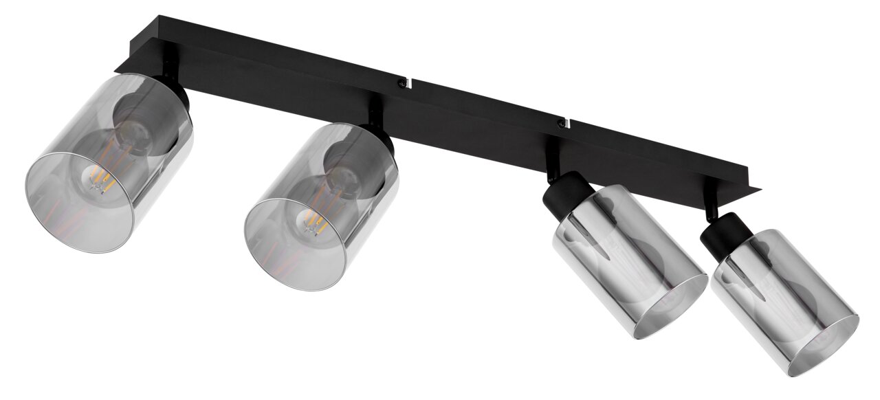 Vierflammiger Strahler aus mattschwarzem Metall mit transparenten Lampenschirmen, seitliche Perspektive.