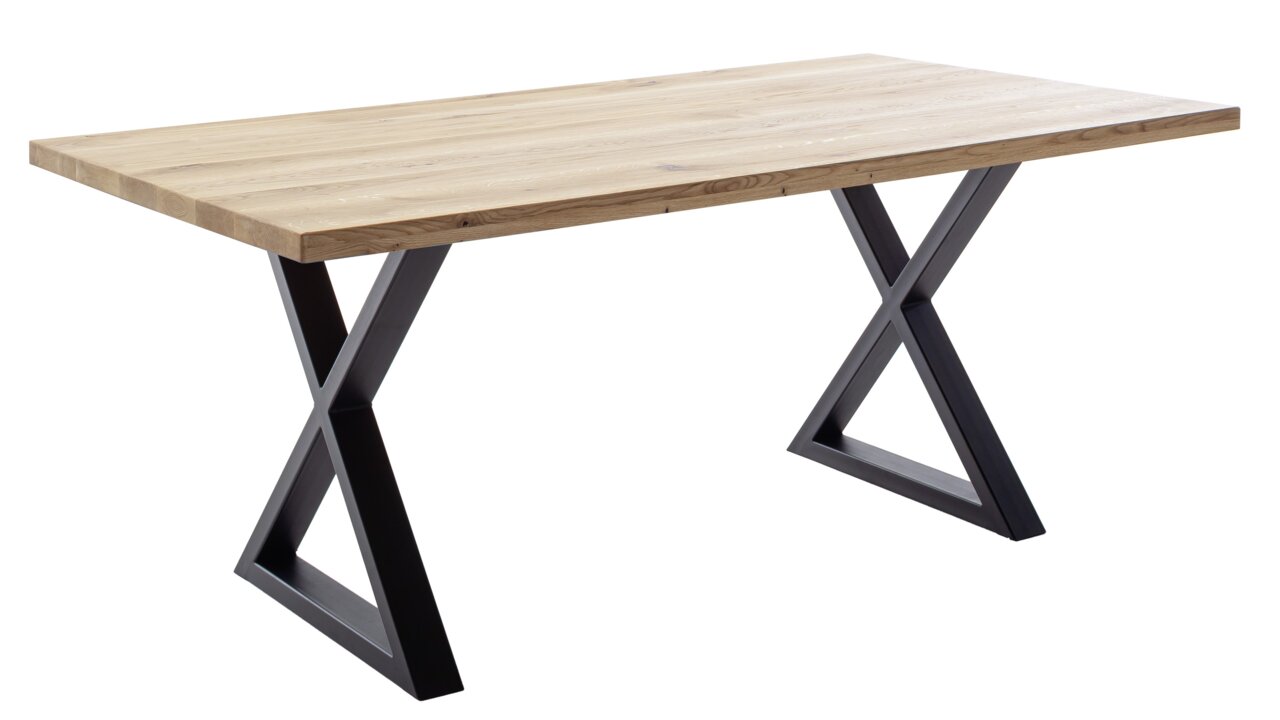 Moderner Esstisch aus Holz mit X-förmigen Metallbeinen, seitliche Perspektive