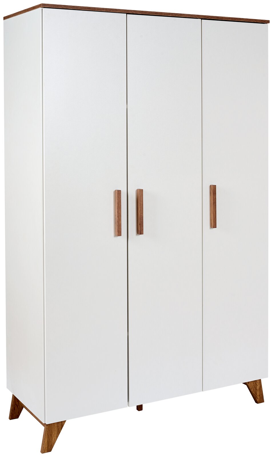 Weißer dreitüriger Kleiderschrank mit Holzgriffen und schrägen Holzfüßen, seitliche Perspektive