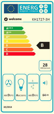 Energieeffizienzlabel für ein Küchengerät, Modell KH1727-3H, mit Energieklasse B, einem jährlichen Energieverbrauch von 28 kWh und einer Lautstärke von 64 dB, frontal betrachtet.