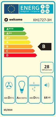 Energie-efficiëntielabel voor een keukenapparaat, model KH1727-3H, met energieklasse B, een jaarlijks energieverbruik van 28 kWh en een geluidsniveau van 64 dB, gezien vanaf de voorkant.