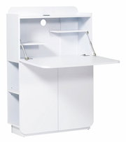 Weißer Sekretär mit aufklappbarer Arbeitsfläche und Regalfächern, seitliche Perspektive