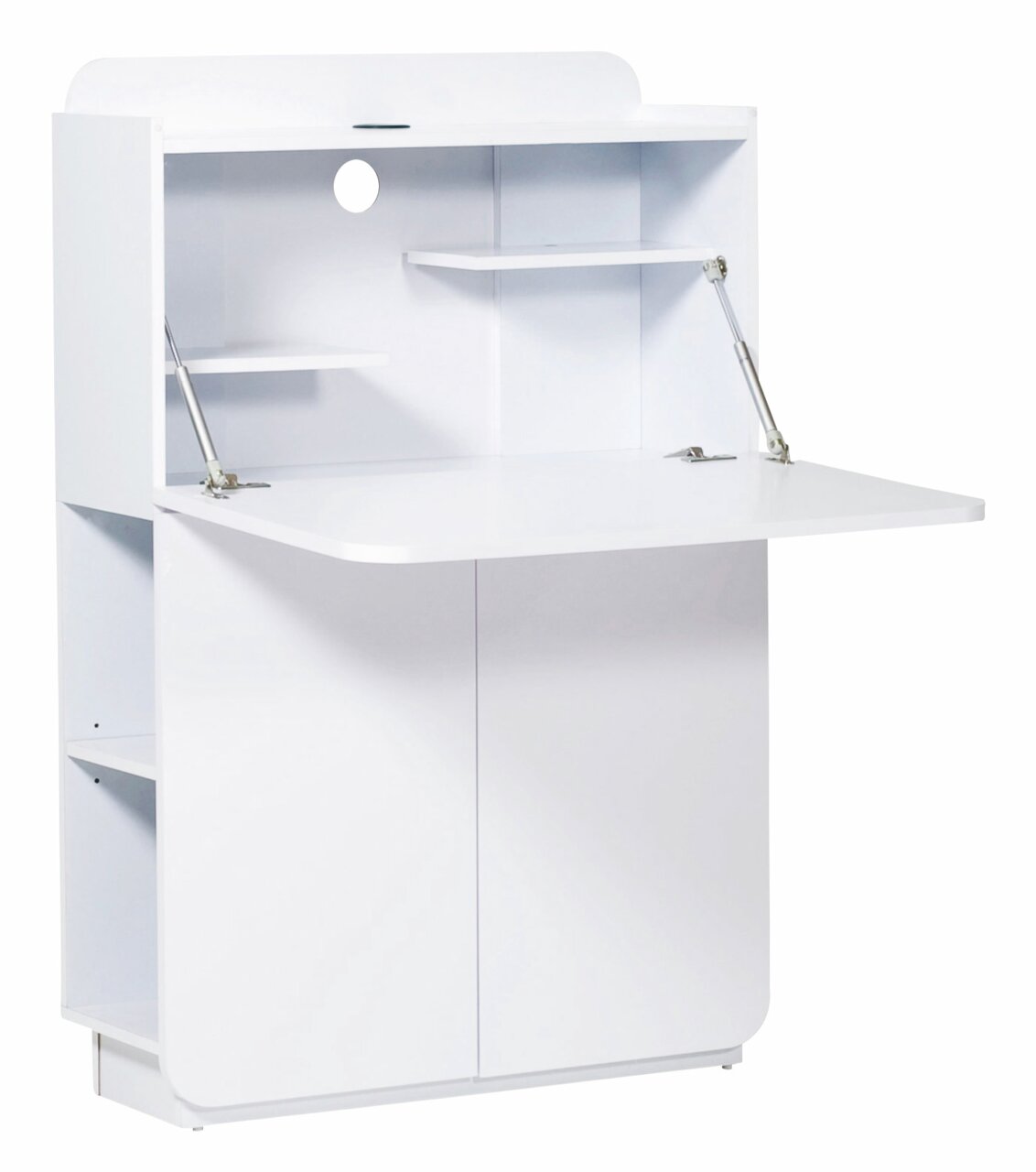 Weißer Sekretär mit aufklappbarer Arbeitsfläche und Regalfächern, seitliche Perspektive