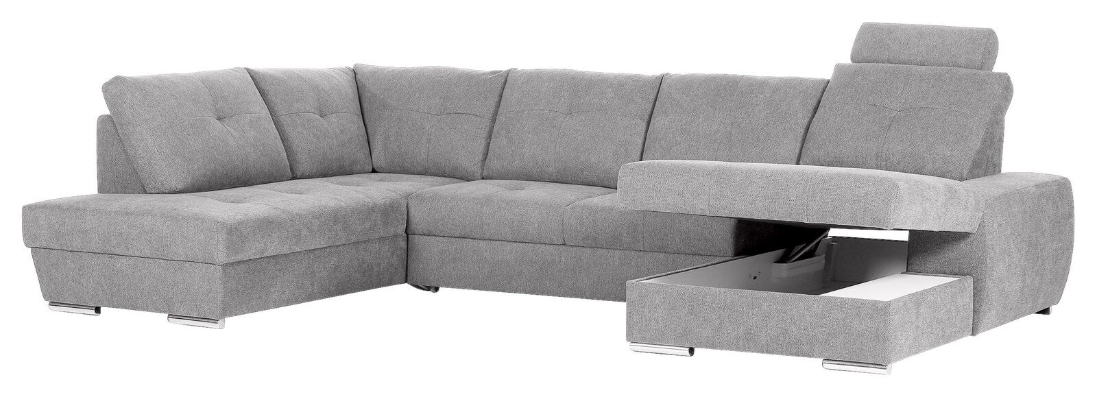 Graues Ecksofa mit Stauraum, Ansicht von vorne rechts