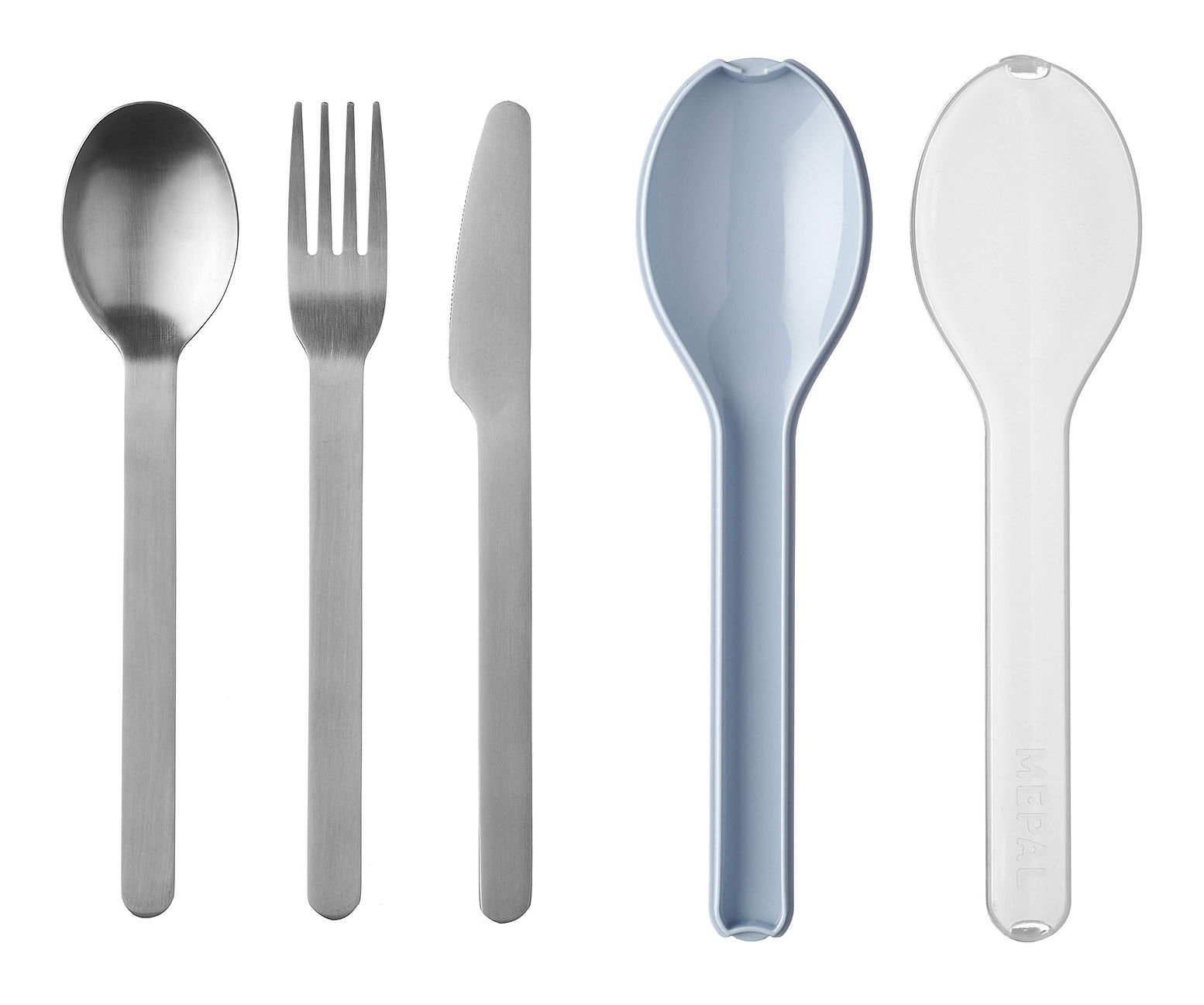 Besteckset Ellipse 3-teilig, bestehend aus Löffel, Gabel und Messer aus Edelstahl, sowie zwei Kunststofflöffeln in Blau und Transparent, Ansicht von oben.