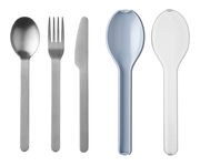 Besteckset Ellipse 3-teilig, bestehend aus Löffel, Gabel und Messer aus Edelstahl, sowie zwei Kunststofflöffeln in Blau und Transparent, Ansicht von oben.