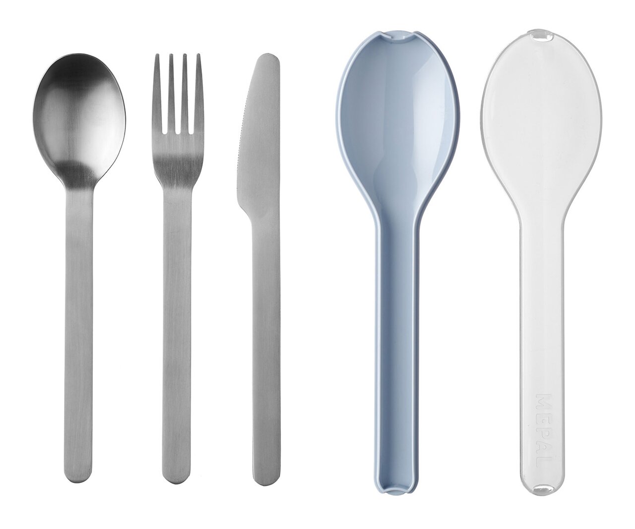Besteckset Ellipse 3-teilig, bestehend aus Löffel, Gabel und Messer aus Edelstahl, sowie zwei Kunststofflöffeln in Blau und Transparent, Ansicht von oben.