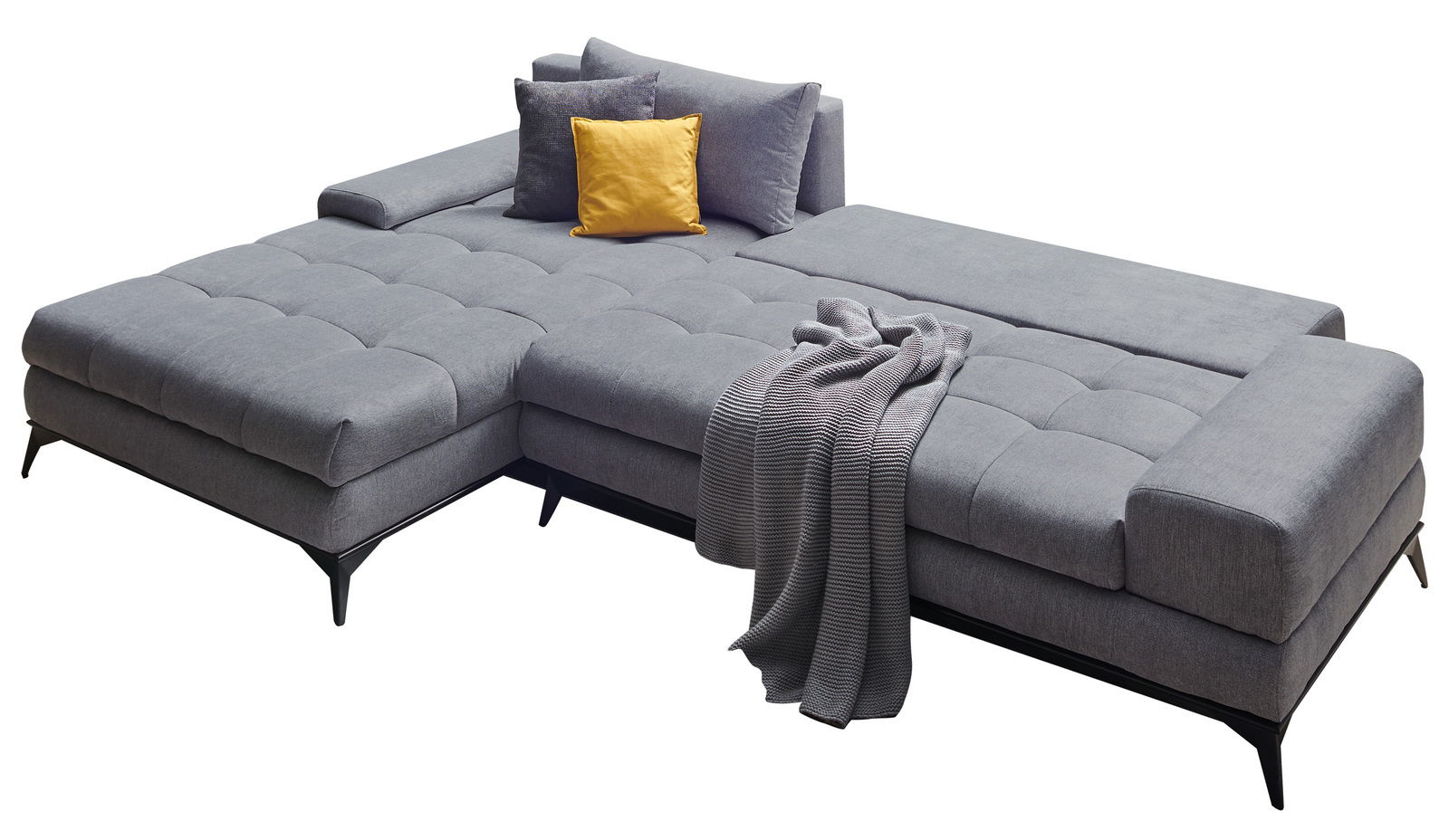 Graue Rundecke OttliZ2 FIGARO mit modernen schwarzen Füßen, dekoriert mit einem gelben und einem grauen Kissen sowie einer grauen Decke, aus der Vogelperspektive.