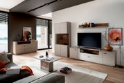 Modernes Wohnzimmer mit hellgrauer Wohnwand (TV-Lowboard und Vitrine) und Couchtisch in Holzoptik, frontale Weitwinkelperspektive leicht von links.