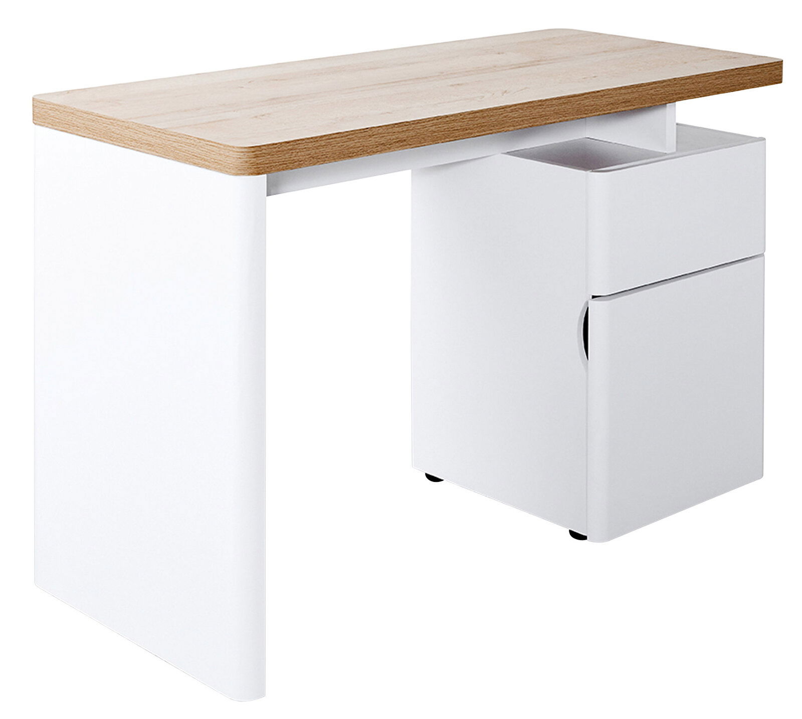 Jahnke Schreibtisch CUUBA LIBRE Moderner Schreibtisch mit weißem Korpus und Holzoberfläche, seitliche Perspektive