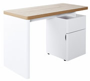 Moderner Schreibtisch mit weißem Korpus und Holzoberfläche, seitliche Perspektive
