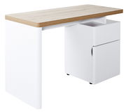 Moderner Schreibtisch mit weißem Korpus und Holzoberfläche, seitliche Perspektive