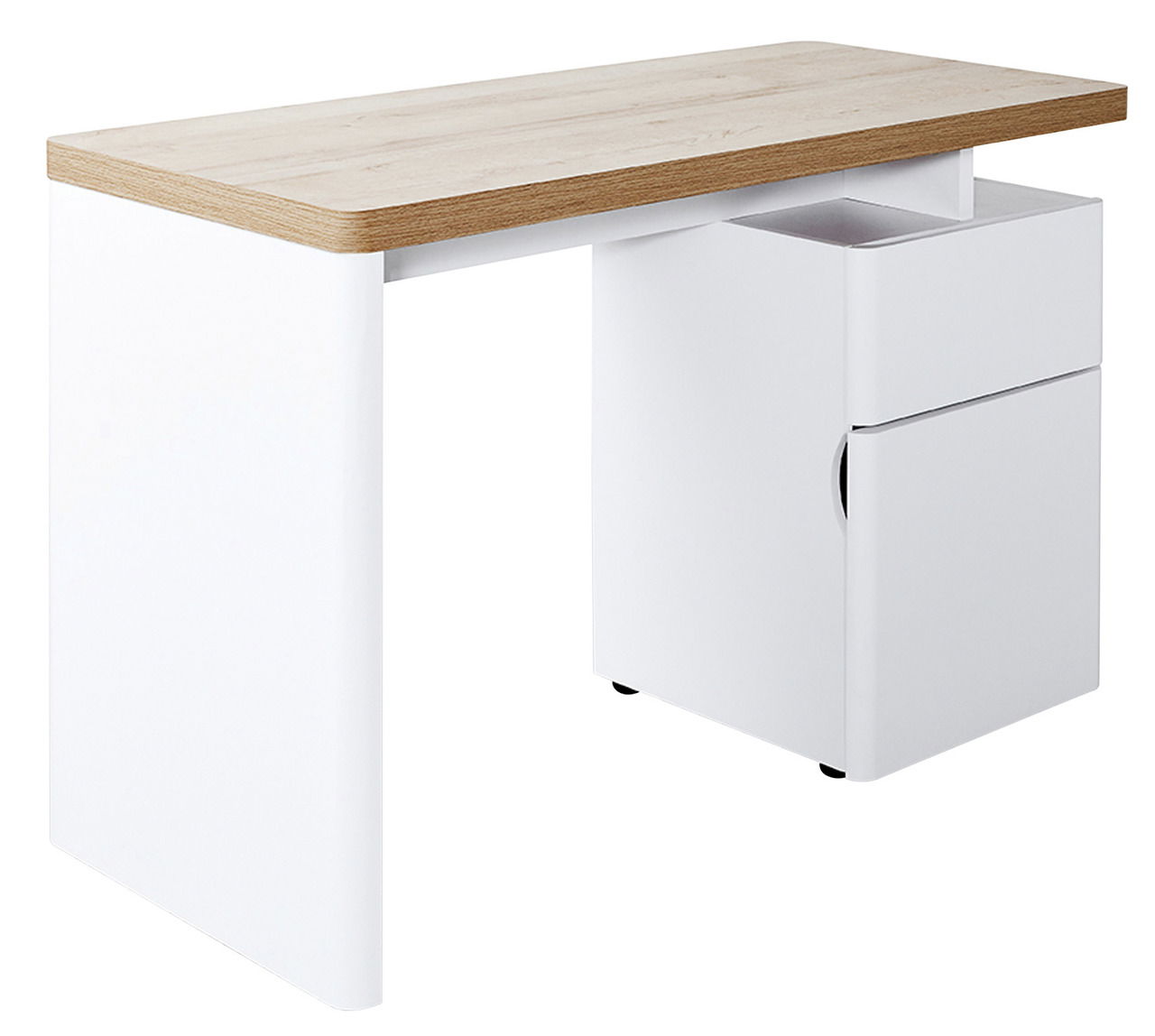 Moderner Schreibtisch mit weißem Korpus und Holzoberfläche, seitliche Perspektive