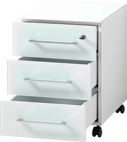 Weißer Rollcontainer mit drei offenen Schubladen, seitliche Perspektive