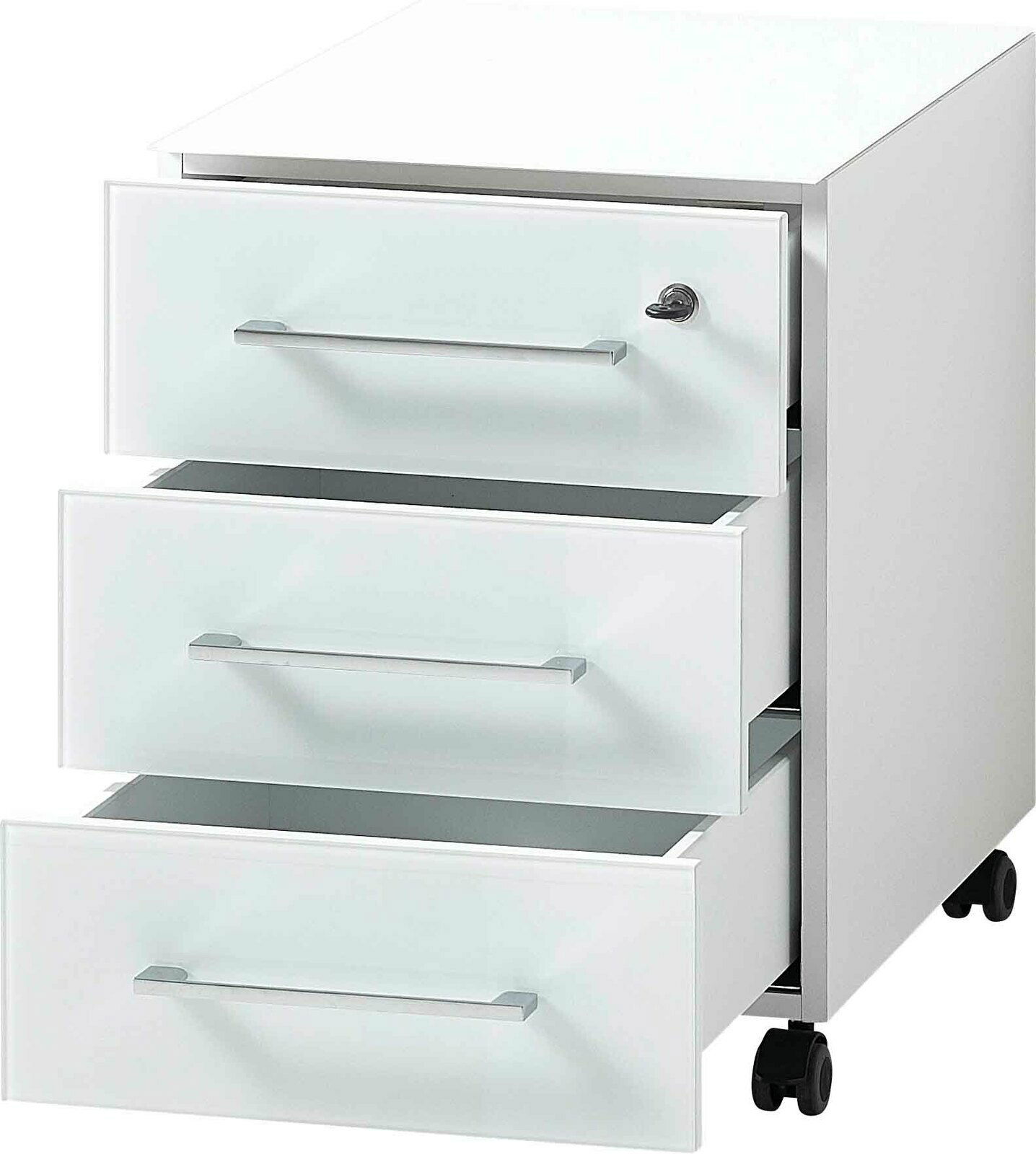 Weißer Rollcontainer mit drei offenen Schubladen, seitliche Perspektive