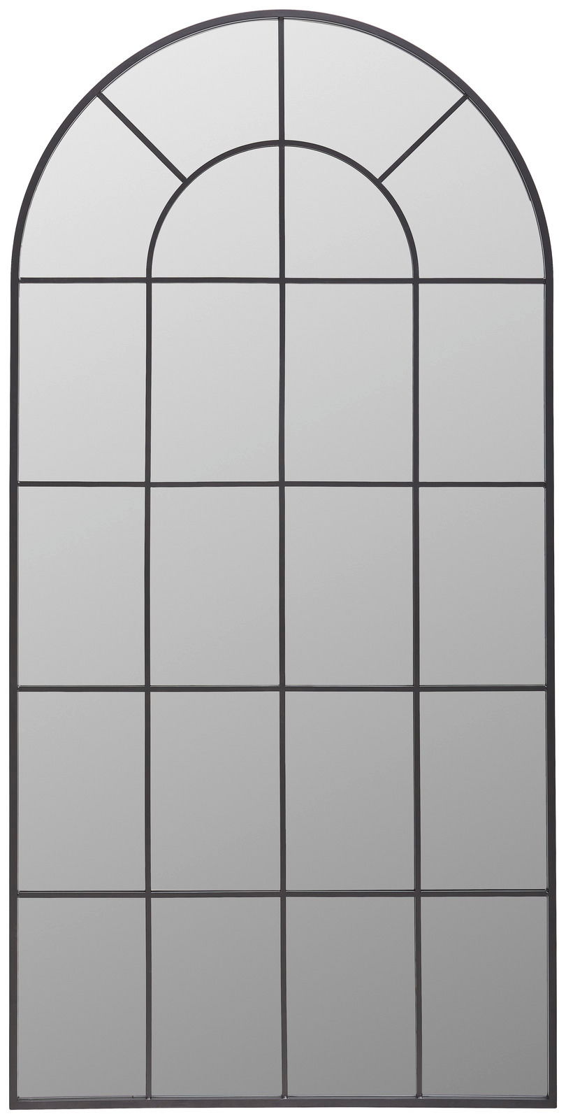 Großer, rechteckiger Spiegel mit abgerundeter Oberseite und schwarzem Gittermuster, frontal betrachtet.