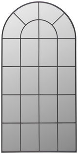 Großer, rechteckiger Spiegel mit abgerundeter Oberseite und schwarzem Gittermuster, frontal betrachtet.