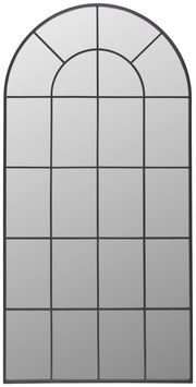 Großer, rechteckiger Spiegel mit abgerundeter Oberseite und schwarzem Gittermuster, frontal betrachtet.