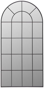 Großer, rechteckiger Spiegel mit abgerundeter Oberseite und schwarzem Gittermuster, frontal betrachtet.