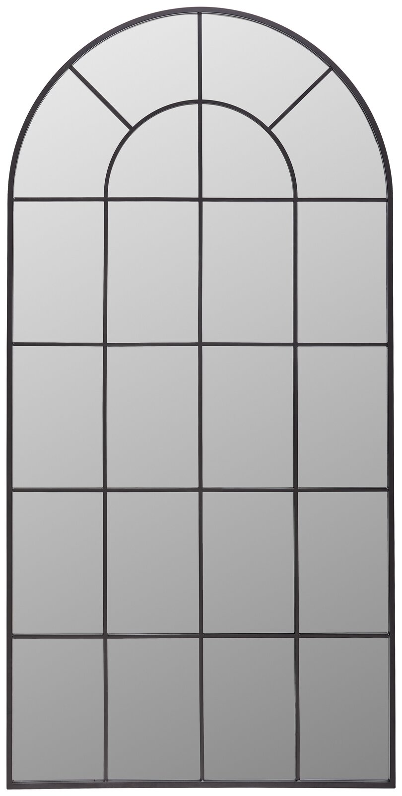 Großer, rechteckiger Spiegel mit abgerundeter Oberseite und schwarzem Gittermuster, frontal betrachtet.