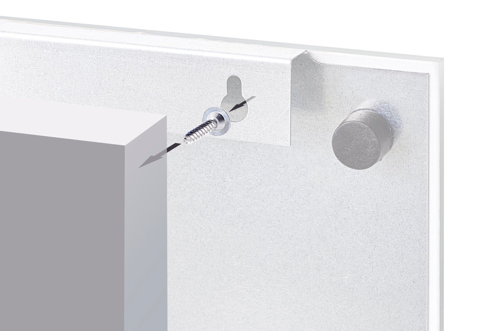 Detailansicht eines Memoboards aus Glas mit Befestigungselementen und Schraube.