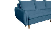 Blaue Rundecke mit Holzfüßen, seitliche Perspektive