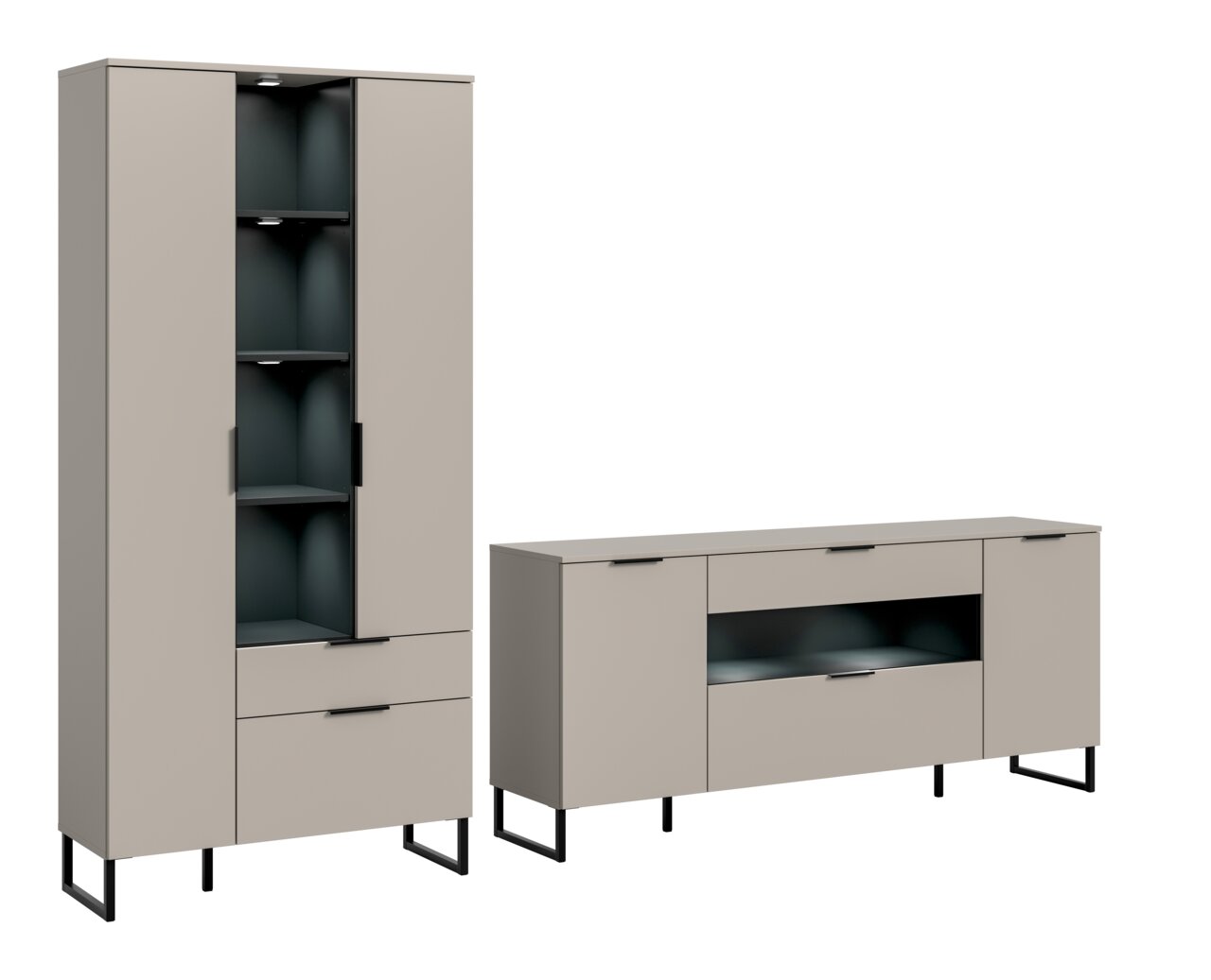 MID.YOU Wohnkombination inkl. LED NOIDA Modernes Sideboard und hoher Vitrinenschrank in Greige mit schwarzen Metallfüßen, teils geöffnet mit dunklem Innenraum und LED-Beleuchtung, Ansicht schräg von vorn (3/4-Perspektive)
