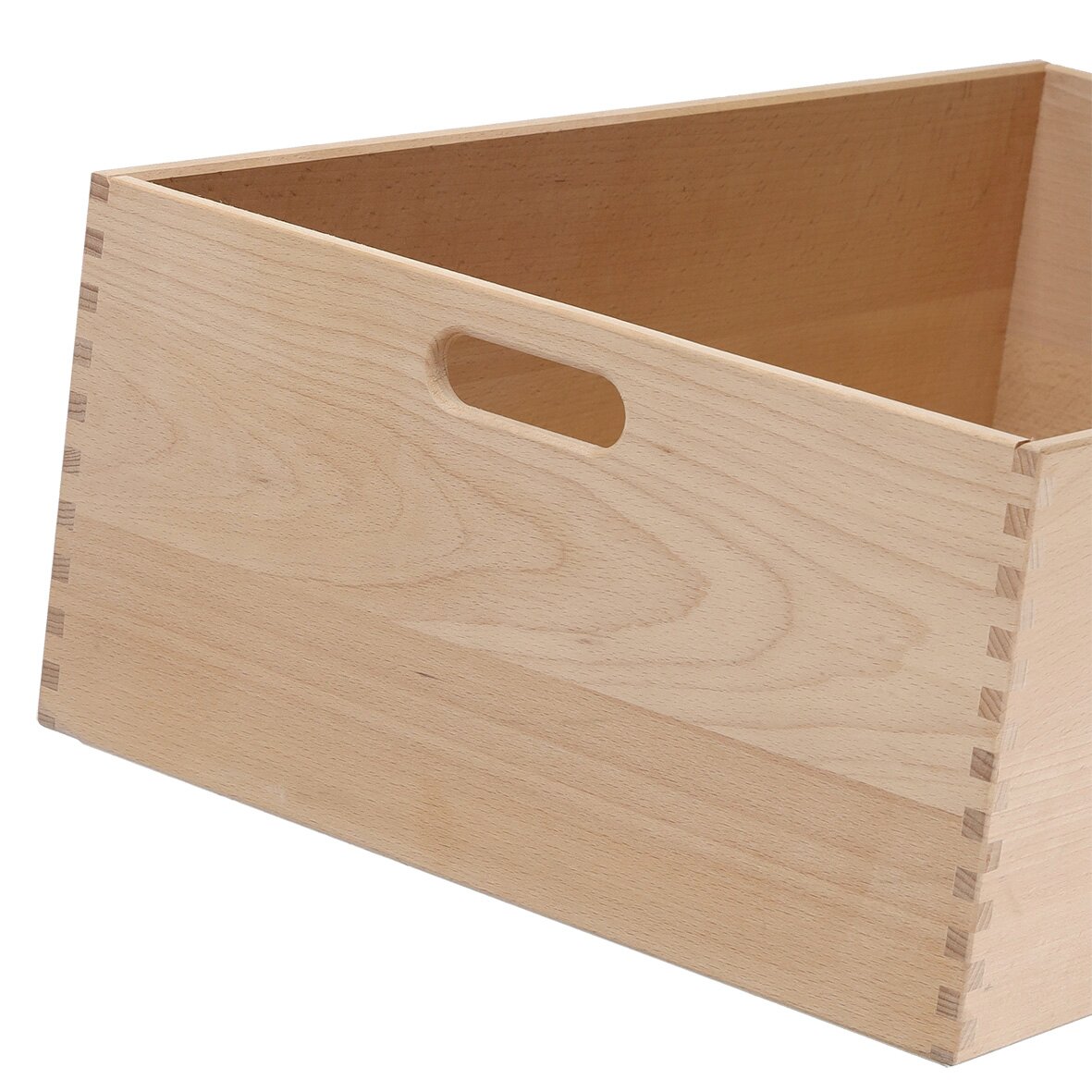 Holz-Allzweckkiste mit Grifföffnung, seitliche Perspektive